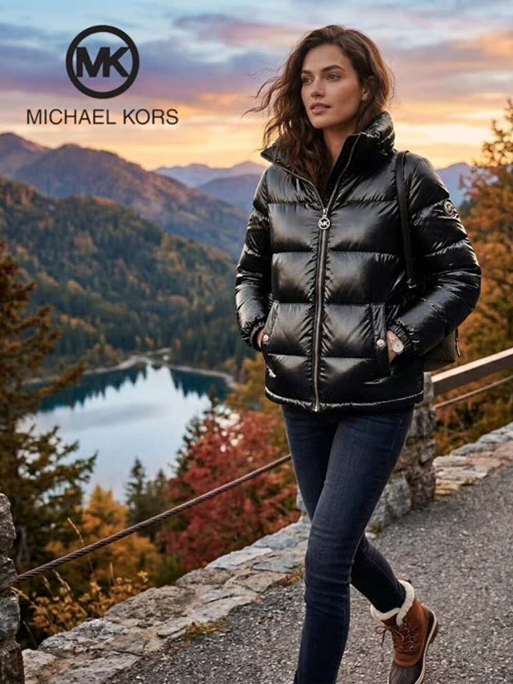 Michael Kors Hooded Down Puffer Jacket Sz XL Black Metallic Sheen NEW